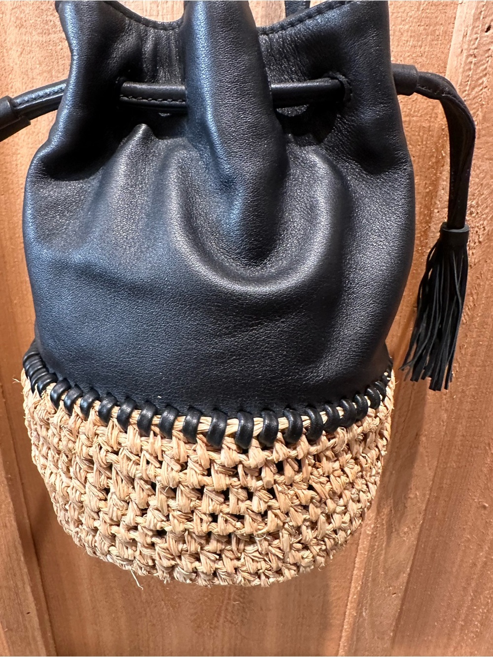 Loeffler Randall Black Leather and Raffia Drawstring Bucket Bag - Picture 4 of 12